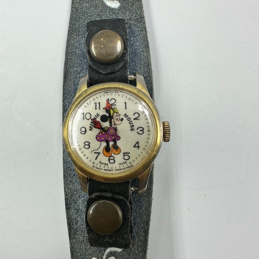 Vintage Bradley Minnie Mouse Watch Women Denim Band Manual Wind 8 Inch - Picture 2 of 15